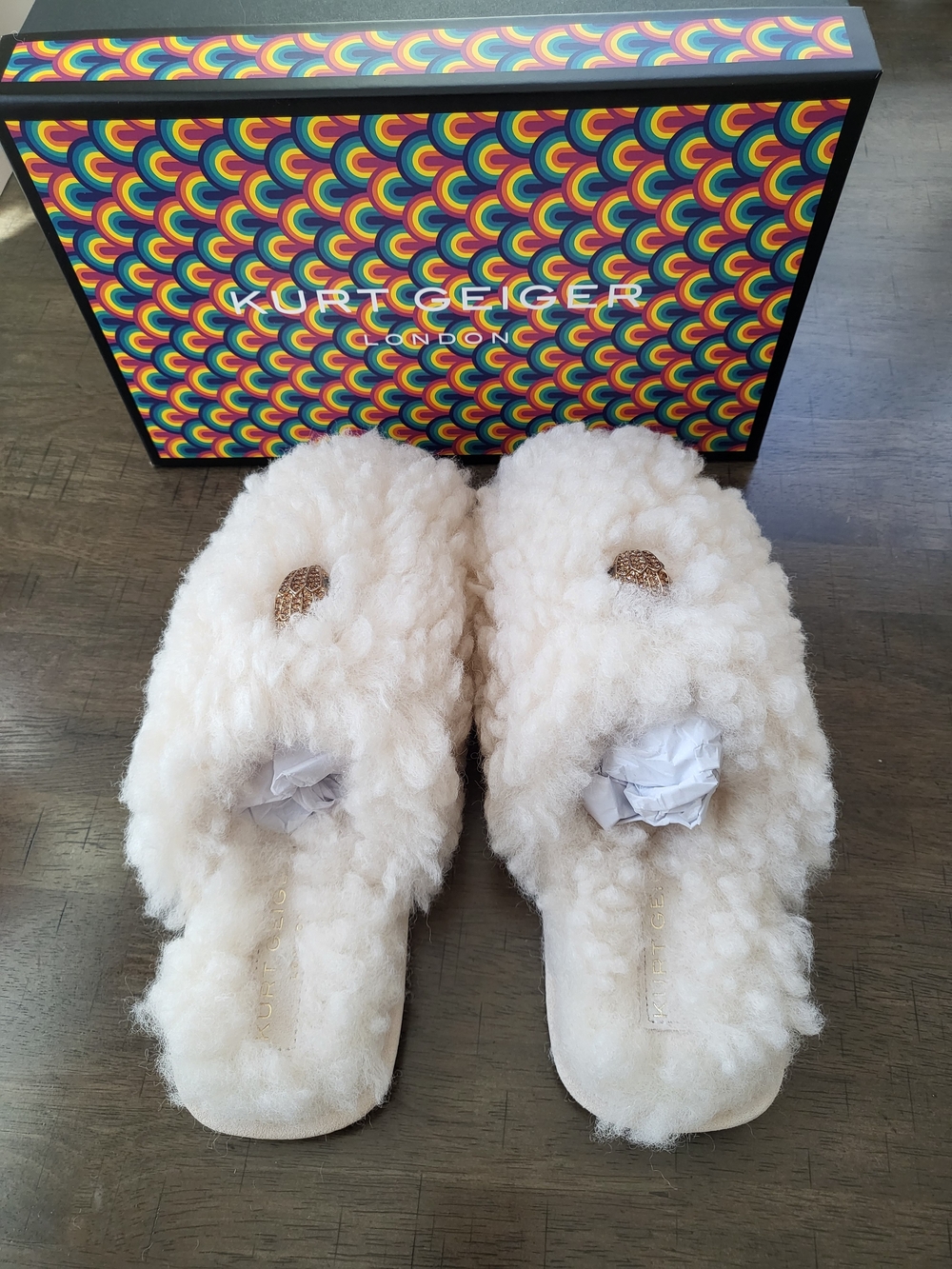 Kurt Geiger Cream Shearling Slide Slippers with Gold Accent